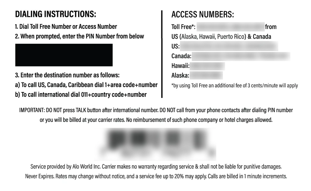 Nalotel Dr congo Calling Card Instructions